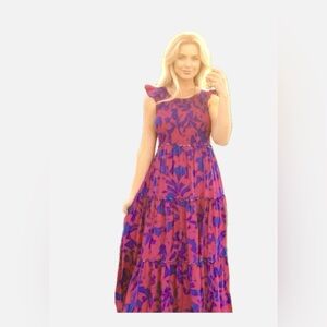 Able the label Fuchsia and Blue Floral Smocked Tiered Maxi Dress, Size Large EUC
